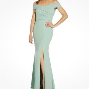 ADRIANNA PAPELL Off-the-shoulder Crepe Gown In Cloudy Aqua Size 14
